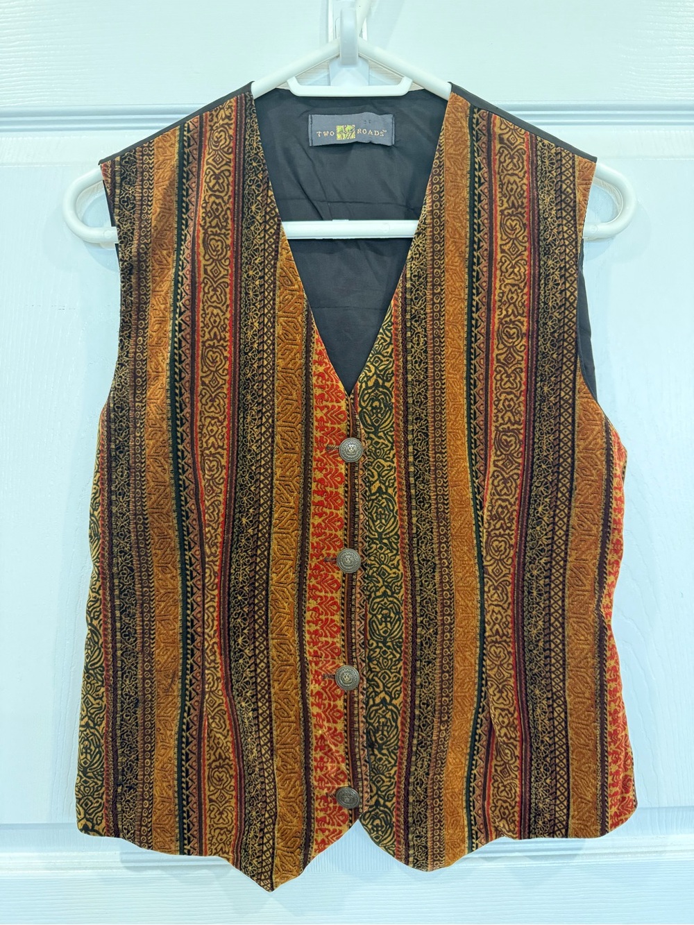 Two Roads Patterned velvet cotton vest top waistcoat metal buttons back buckle M